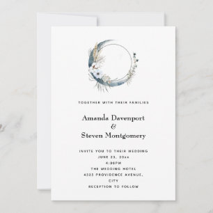 Invitation Crescent Bleu Lune avec Mariage Fleurs Blanches