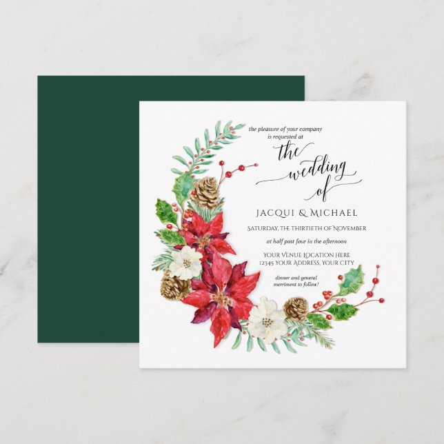 Invitation Crescent Floral de mariage d'hiver | Carré (Devant / Derrière)