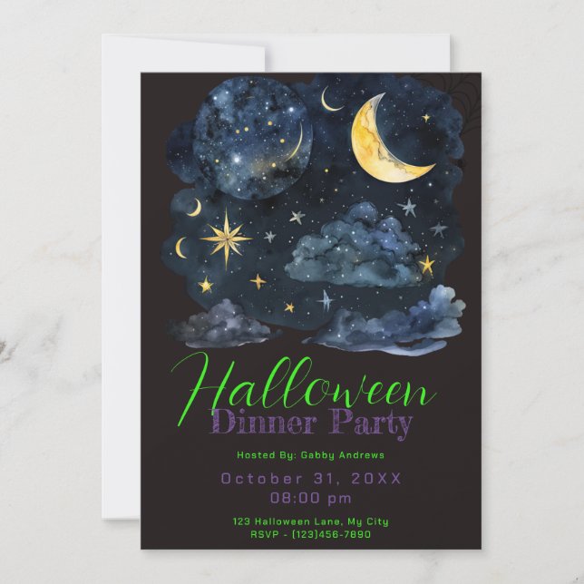 Invitation Crescent Moon Blue Clouds Halloween Diner Fête (Devant)
