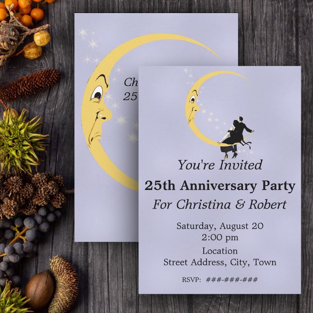 Invitation Crescent Moon Face Stars Couple Anniversaire 25e (Angry cute crescent moon loving couple on blue Anniversary party invitation.)