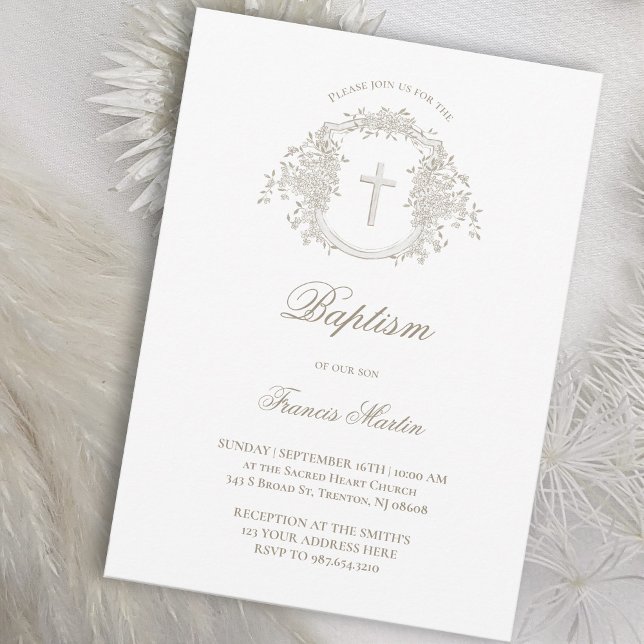 Invitation crest beige beige | Baptême (Créateur téléchargé)