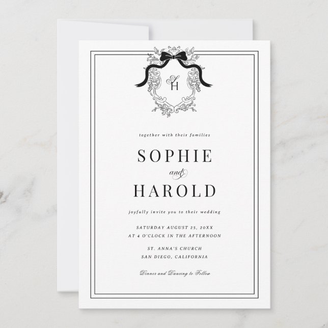 Invitation Crest Coquette Bow Monogramme Tout en un Mariage (Devant)