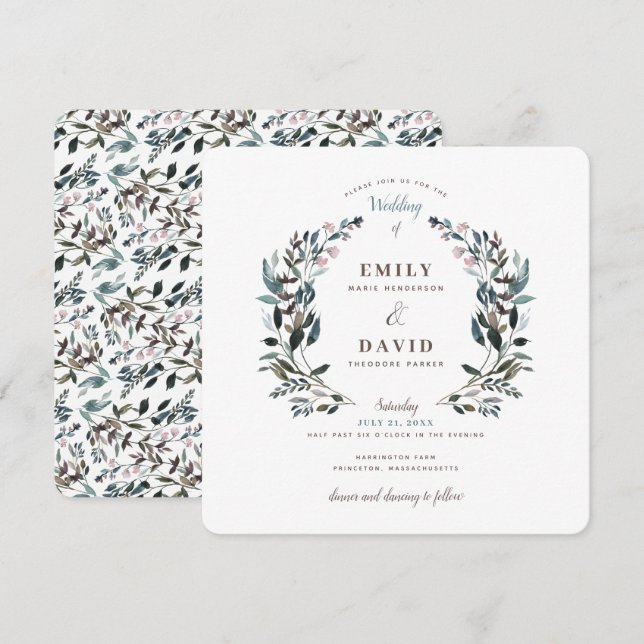 Invitation Crest jardin | Bleu blanc Carré Mariage (Devant / Derrière)