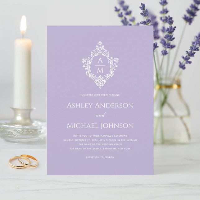 Invitation Crest Lavender Mariage élégant Monogramme Formal (Créateur téléchargé)