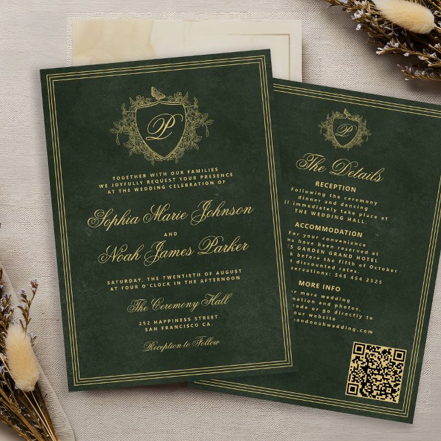 Invitation Crest monogram QR code emerald green gold wedding (Créateur téléchargé)