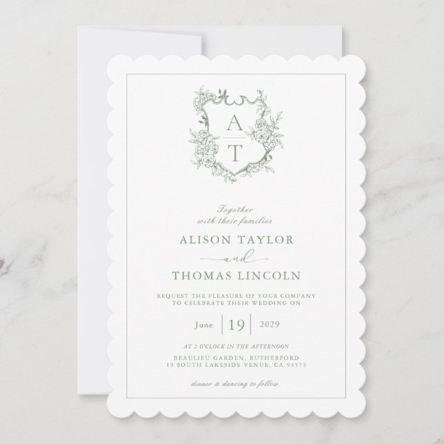 Invitation Crest Sage vert Monogramme QR Code Mariage (Devant)