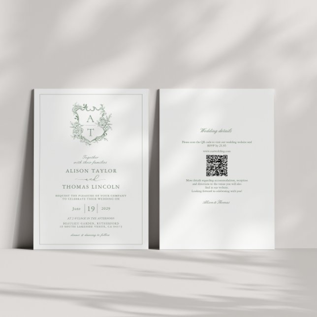 Invitation Crest Sage vert Monogramme QR Code Mariage (Créateur téléchargé)