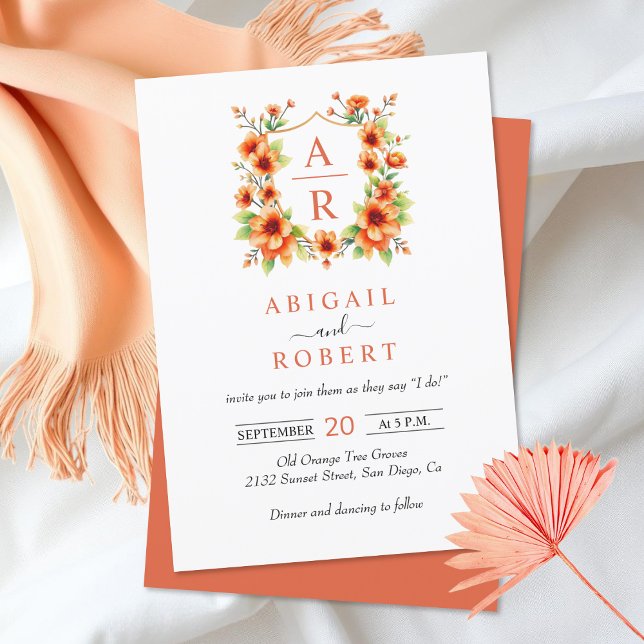 Invitation Crête de fleur orange et initiales mariage floral (Créateur téléchargé)