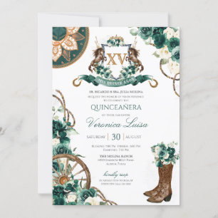 Invitation Crête florale Charro Emerald Green Quinceanera