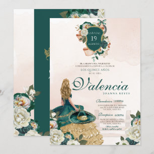 Invitation Crête florale d'or vert Élégante Charra Quinceaner