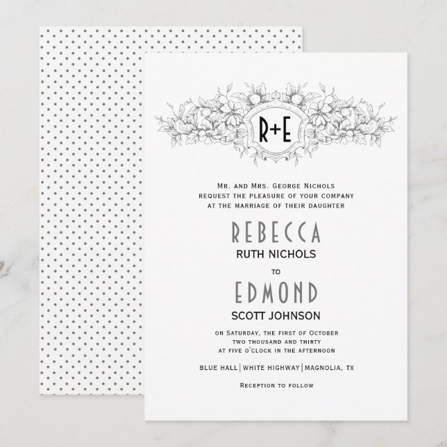 Invitation Crête héraldique grise avec initiales mariage (Devant / Derrière)