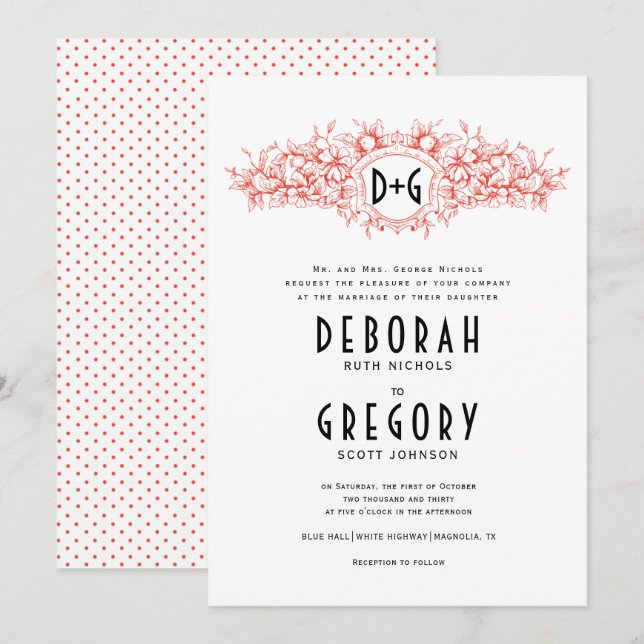 Invitation Crête vintage rouge et mariage des initiales (Devant / Derrière)