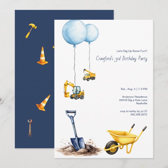 Invitation Creusons un peu de construction amusante fête d'an (Devant / Derrière)