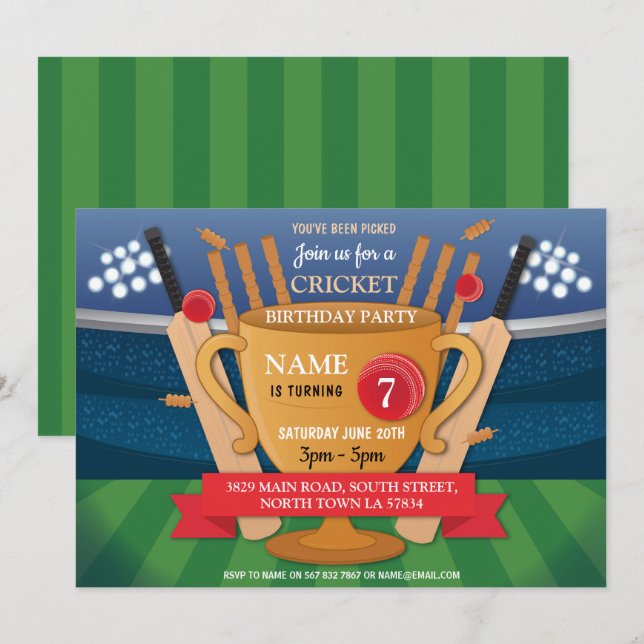 Invitation Cricket Anniversaire de la fête sportive vainqueur (Devant / Derrière)