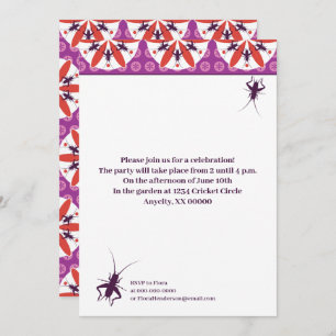 Invitation Crickets et fleurs rouge violet