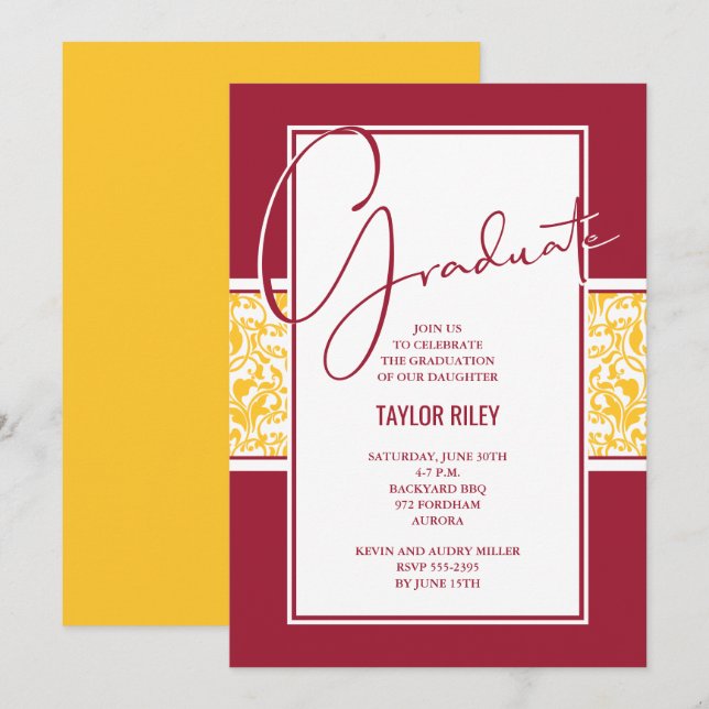 Invitation Crimson and Yellow Damask Graduation (Devant / Derrière)