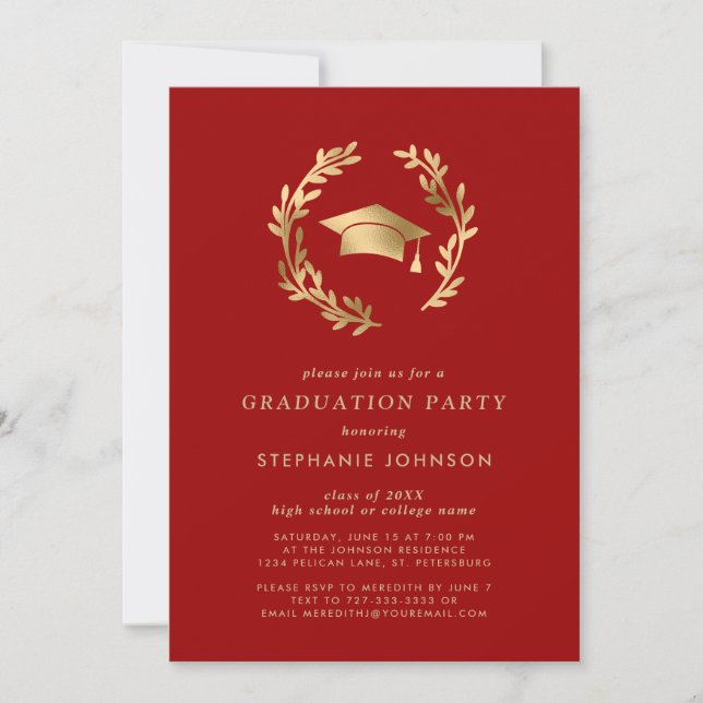 Invitation Crimson Gold Grad Casquette Wreath Chic Graduation (Devant)