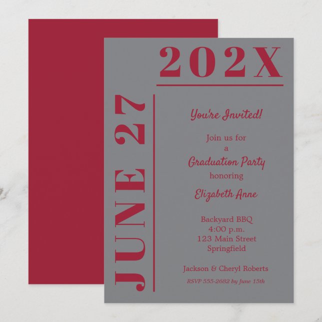 Invitation Crimson on Grey Graduation Party (Devant / Derrière)
