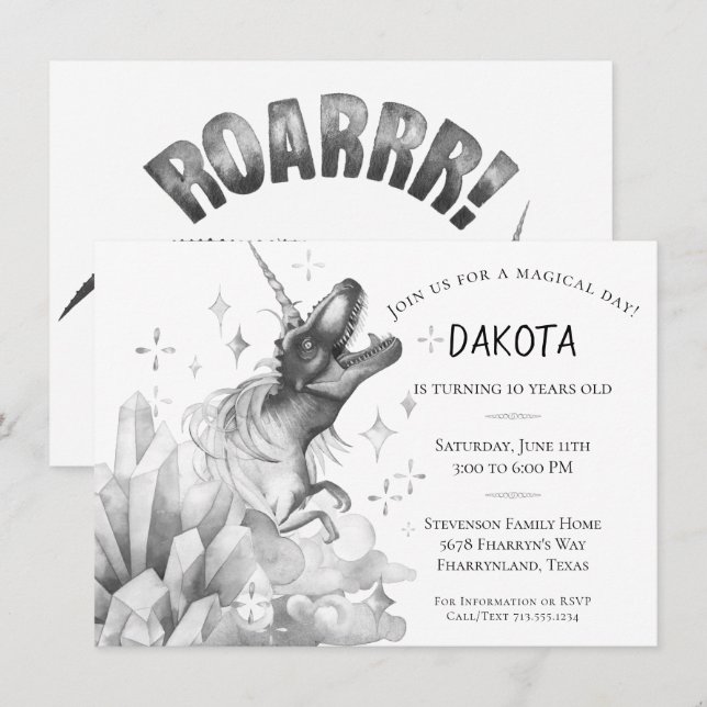 Invitation Cristal Dinocorn | Anniversaire Monochrome Argent (Devant / Derrière)