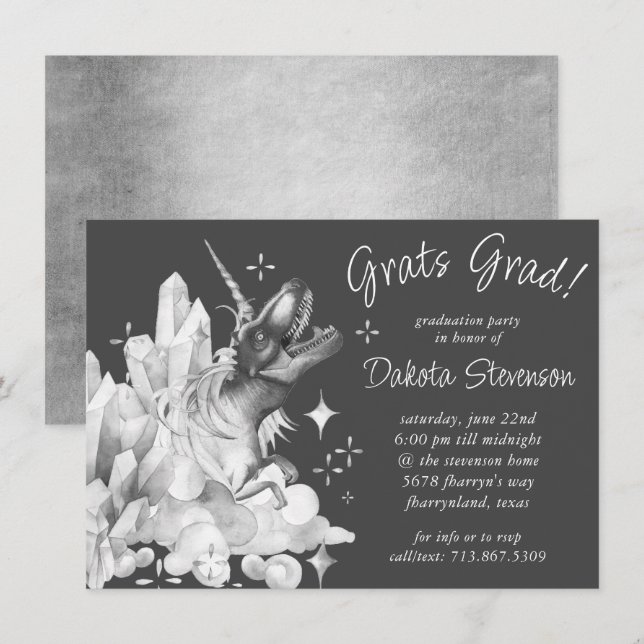 Invitation Cristal Dinocorn | Silver Grey Graduation virtuell (Devant / Derrière)