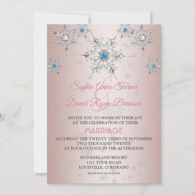 Invitation Cristaux de flocons d'argent rose Mariage de perle (Devant)