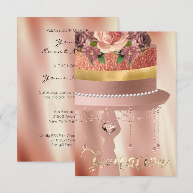 Invitation Cristaux d'or rose pâtisserie Rideaux Parties scin (Devant / Derrière)