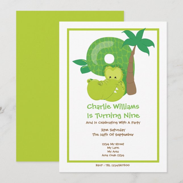 Invitation Crocodile Safari Neuvième fête d'anniversaire (Devant / Derrière)