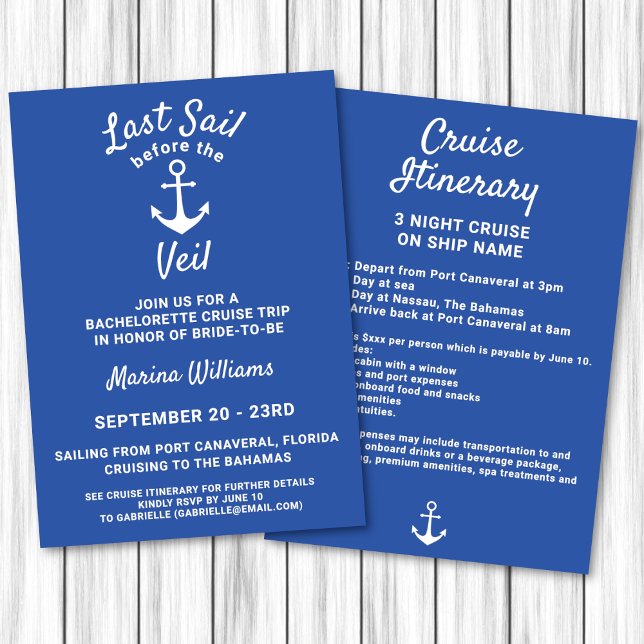 Invitation Croisière de Fiançailles Dernier Voyage Avant le V (Last sail before the veil anchor invitation for a bachelorette cruise. Front and back. )