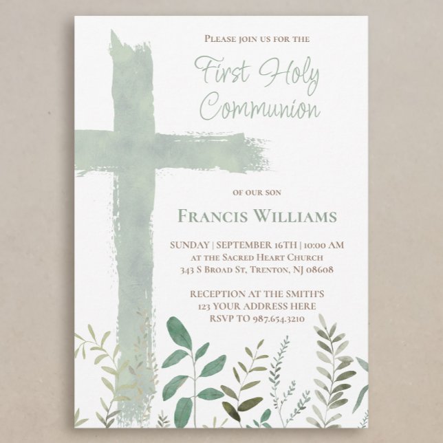 Invitation croix aquarelle verte Première Communion (Créateur téléchargé)