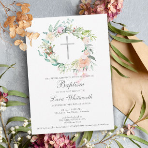 Invitation Croix argent florale pour baptême