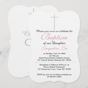 Invitation Croix Argent Or Baptême Fille Rose