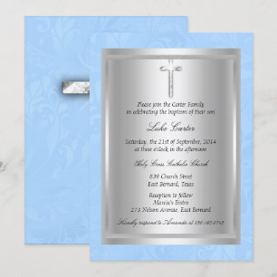 Invitation Croix argentée Baptême bleu