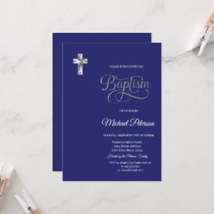 Invitation Croix argentée élégante baptême bleu marine