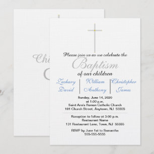 Invitation Croix Argentée Élégante pour Baptême de Triplés Bl