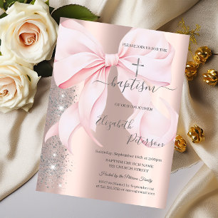 Invitation Croix argentée Ruban rose Rose Gold Paillettes