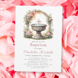 Invitation Croix-Baptême rose florale