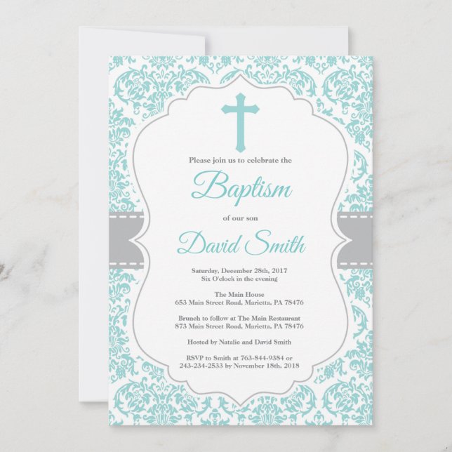 Invitation Croix-Baptême Turquoise Turquoise Aqua (Devant)