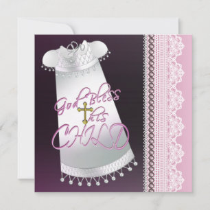 Invitation Croix blanche Baby Girl Pink Black Christening