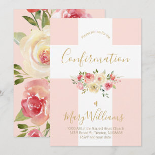 Invitation Croix blanche catholique et fleurs Confirmation
