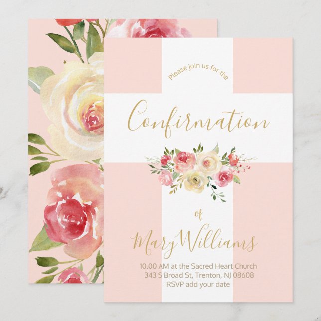 Invitation Croix blanche catholique et fleurs Confirmation (Devant / Derrière)