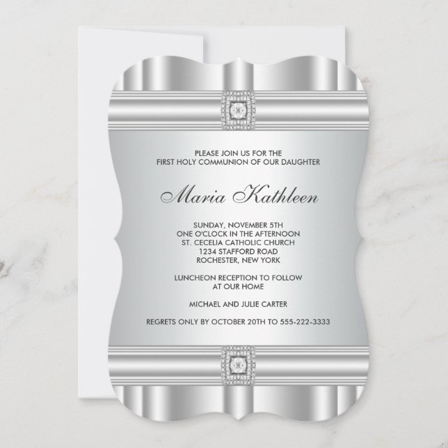 Invitation Croix Blanche Diamond Girls White First Communion (Devant)