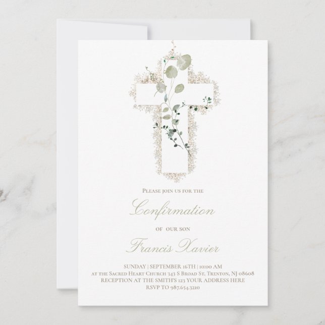 Invitation croix blanche feuille verte Confirmation (Devant)