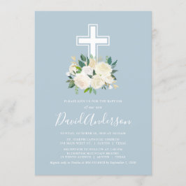 Invitation Croix Bleu Poussiéreux avec Floraisons Crème, Bapt