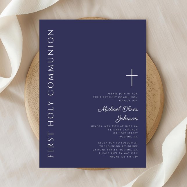 Invitation Croix Bleue de la Marine moderne Première communio (Modern Navy Blue Cross First Communion Invitation)