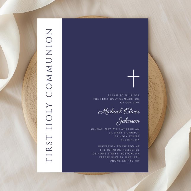 Invitation Croix Bleue de la Marine moderne Première communio (Modern Navy Blue Cross First Holy Communion Invitation)