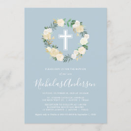 Invitation Croix Bleue Dusty aux fleurs de crème, baptême de 