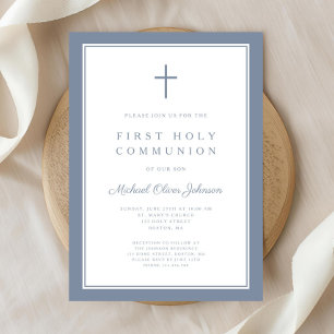 Invitation Croix Bleue Dusty moderne Boy First Communion