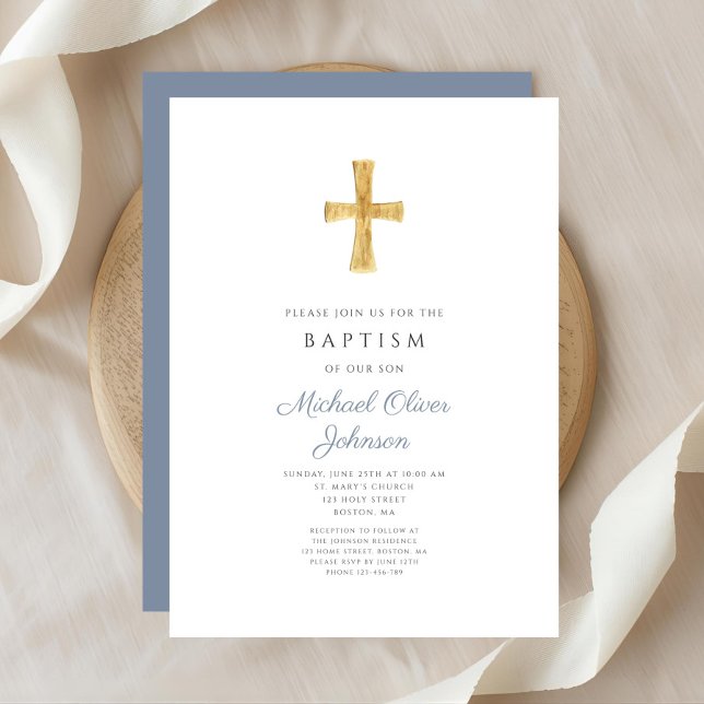 Invitation Croix Bleue Dusty moderne Religieux Garçon Baptême (Modern Dusty Blue Cross Religious Boy Baptism Invitation)