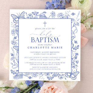 Invitation Croix Bleue et Blanche Baptême Saint papillons flo