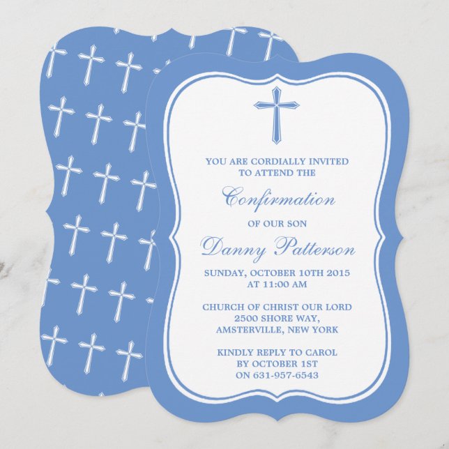 Invitation Croix Bleue Et Blanche Sainte Communion Ou Confirm (Devant / Derrière)